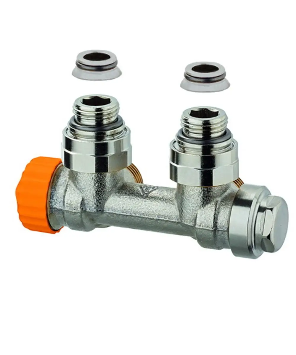 Produkt aus Metall mit zwei Anschlussmöglichkeiten, orangefarbener Drehknopf und Abdichtungen. Von IMI Hydronic Engineering für verschiedene Rohrsysteme verwendbar.